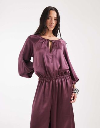 Asos Tuta jumpsuit in raso bordeaux a maniche lunghe-Verde
