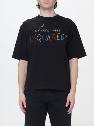 Dsquared2 T-shirt in cotone con logo multicolor ricamato e spalle cadute