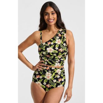 Lands End Ruched One Shoulder Midkini Swimsuit Top in Hibiscus Floral/black at Nordstrom, Size 14
