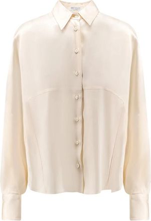 Brunello Cucinelli Zijden Blouse - Dames - Overhemden - Beige - L - Overhemden