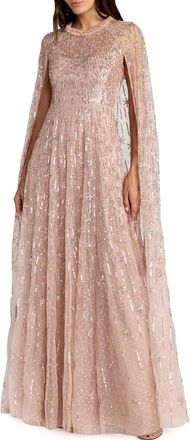 Mac Duggal Embellished Mesh Column Gown With Cape Sleeves in Rose at Nordstrom, Size 16