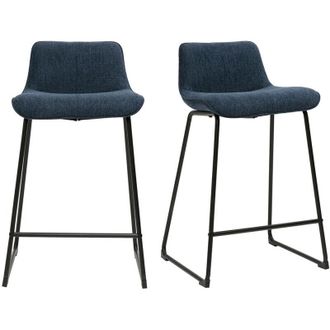 Miliboo Taburetes De Bar De Tela Con Efecto Terciopelo Texturizado Azul Oscuro Y Metal H65 Cm (juego De 2) Boost