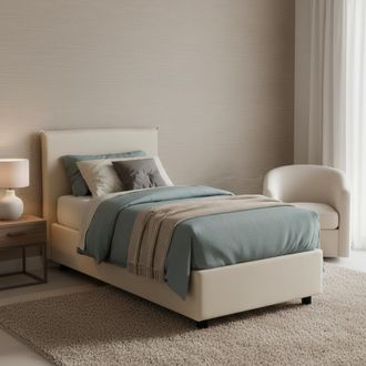 Dmora Cama Individual Dbaston, Cama Contenedor Con Revestimiento De Tela, 100% Made In Italy, Apertura Frontal, Con Colch&oacute;n Cm 90x200 Incluido, Beige - Dmor