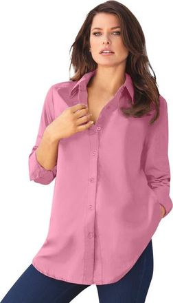 Roaman's Plus Size Kate Long Sleeve Easy Cotton-Blend Button-Front Shirt in Pink Blossom at Nordstrom, Size 34