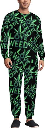 Generic I Love Weed Mens Pajama Sets Elastic Waistband Sleepwear Crewneck Long Sleeve Loungewear 2XL