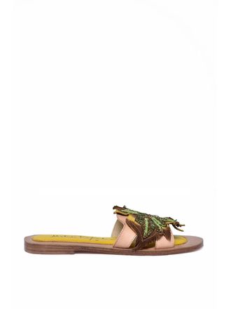 Meher Kakalia Beige Green Open-Toe Leaf Leather Mules