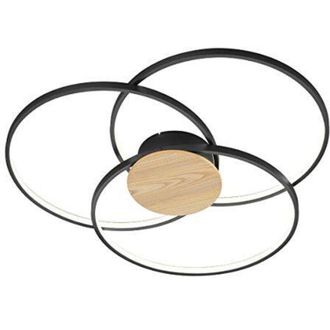 Trio Leuchten Sedona plafoniera led 40W 4800lm, 3000K 3 cerchi nera con inserto effetto legno dimmerabile con interruttore D.80CM