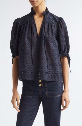 Ulla Johnson Alouette Eyelet Puff Shoulder Top in Midnight at Nordstrom, Size 14
