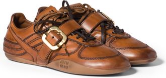 Miu Miu Gymnasium Leather Sneakers With Buckle, Woman, Cognac, Size 38,5