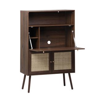 Sweeek Escritorio con efecto madera y ca&ntilde;a con 2 puertas y estantes, nogal