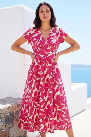 Roman Womens Leaf Print V-Neck Midi Dress - Fuchsia - Size 20 UK