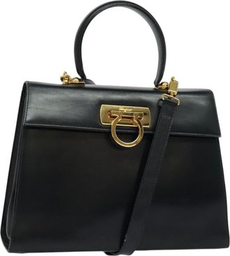 Ferragamo Gancini Convertible Top Handle Bag Leather Black Leather Handbag (Pre-Owned)