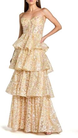 Mac Duggal Strapless Sweetheart Neck Tiered Ruffle Gown in Nude Multi at Nordstrom, Size 10