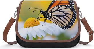 Generic Monarch Butterfly1 Daisy Flower Crossbody Bag Womens Handbag PU Message Bags Shoulder Purse with Adjustable Strap
