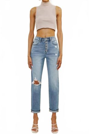Kancan Single Cuff Mom Jeans In Blue