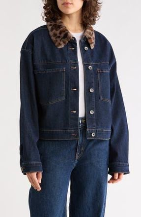 Sanctuary Faux Fur Collar Crop Denim Jacket in Blue Rinse at Nordstrom Rack, Size X-Small