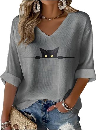 Generic Womens Cat Print Waffle V-Neck T-Shirt Cute Halloween Black Cat Shirt (UK, Alpha, XL, Regular, Regular, Gray)