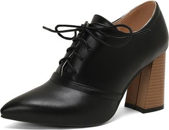 Generic Women Pointed Toe Oxfords Lace Up Chunky Ribbed Block Heel Contrast Laces Stitched Panel Narrow Toe Cap Non Slip Durable Comfortable Daily Shoes,Black