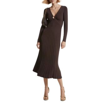 Michael Kors Kleedjes, Dames, Bruin, L, Polyester, Geribbelde Stretch Knit Ring Midi Jurk