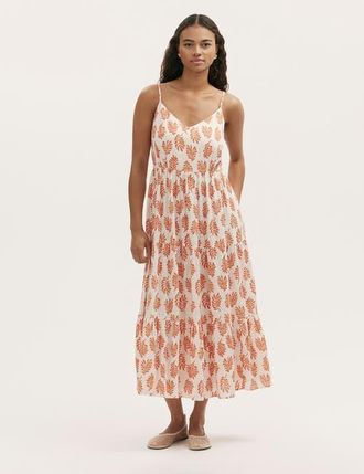 Finery Emmie Cotton Strappy Midi Tiered Dress in Ivory Woodblock at Nordstrom, Size 14