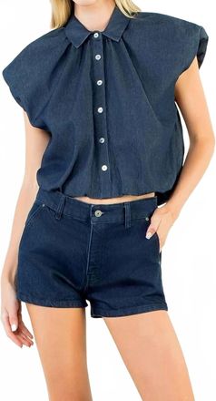 THML Clothing Denim Button Bubble Top In Dark Blue