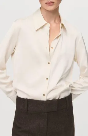 Mango Satin Finish Flowy Shirt in Ecru at Nordstrom, Size 18
