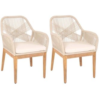 Hhg Nunca Usado] Lote De 2 Sillas De Jard&iacute;n Hhg 678b, Sill&oacute;n De Exterior, Mimbre De Cuerda Resistente A La Intemperie Madera De Cuerda Acacia, Cojines Bei