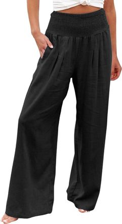 Generic Black Linen Trousers WomensCotton Linen Trousers Womens Summer Casual Elastic High Waist Long Pants with Pockets Fashion Straight Palazzo Wide Leg Tum