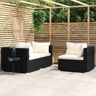 vidaXL Set De Muebles De Jard&iacute;n 3 Pzas Y Cojines Rat&aacute;n Sint&eacute;tico Negro Vidaxl