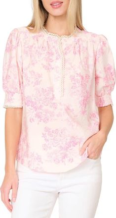 Gibsonlook Lace Trim Puff Sleeve Top in Romantic Toile at Nordstrom, Size X-Large
