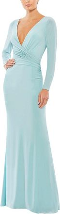 Mac Duggal Faux Wrap Long Sleeve Column Gown