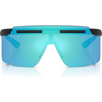Prada 140mm Polarized Shield Sunglasses in Matte Black /Light Green Blue at Nordstrom