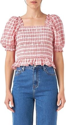 English Factory Check Smocked Bow Accent Top in Red at Nordstrom, Size Large