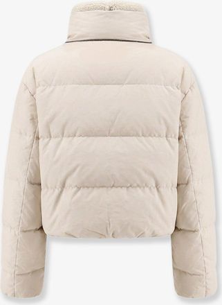 Brunello Cucinelli Womens Down Jacket With Shearling Collar, Beige Cotton