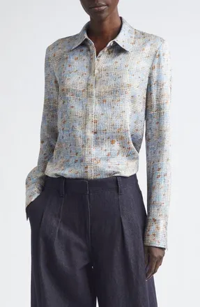 Lafayette 148 New York Scottie Stretch Silk Button-Up Shirt in Blue Oasis Multi at Nordstrom, Size Xx-Small