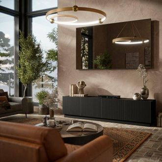 Dmora Mueble De Tv Macherio, Aparador De Sal&oacute;n Con Cuatro Puertas Batientes, Dise&ntilde;o Minimalista Y Moderno, 200x40 H48 Cm, Color Negro