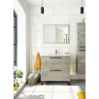 Dmora Armario bajo fregadero Douna, Mueble de baño de 2 cajones, Mueble colgante con espejo, lavabo no incluido, 80x45h80 cm, Roble - Dmora
