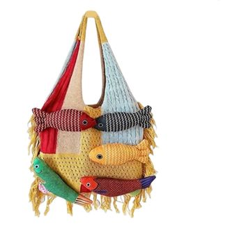Generic 3D Fish Knitted Tote Bag,Cute Cartoon Fish Patchwork Shoulder Bags,Large Capacity Bohemian Hobo Handbag for Travel Vacation (C)