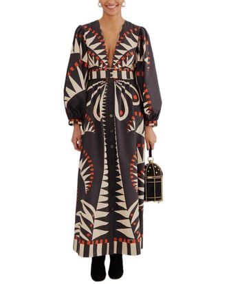 Farm Rio Farm Rio Coconut Grove Black V Neckline Puffed Sleeve Maxi Dress