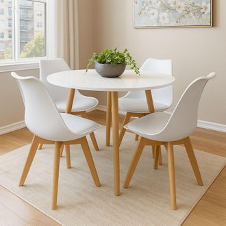 Kosy Koala Round Kitchen Dining Table Set & 4 Tulip Chairs, Wood Circular Table in White