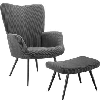 TecTake Armchair Hygge With Stool - Wide Cord Anthracite/Black in Dark Grey