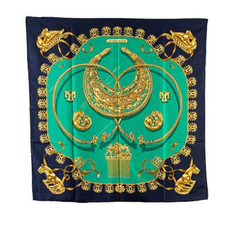 Herm&egrave;s Black and Green Les Cavaliers Dor Rybal Silk Scarf