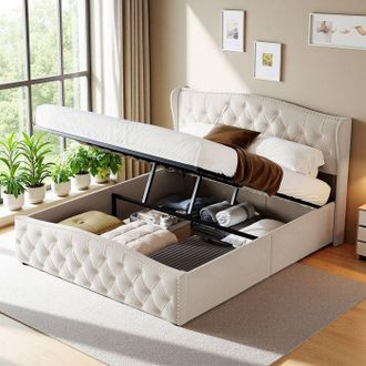 OEM Cama 140x200 Cm - 231211sm - Decoraci&oacute;n De Remaches - Hidr&aacute;ulica - Terciopelo - Marco De Cama Doble 140x200 Cm - Beige
