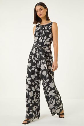 Roman Womens Floral Chiffon Belted Jumpsuit - Multicolour - Size 16 UK