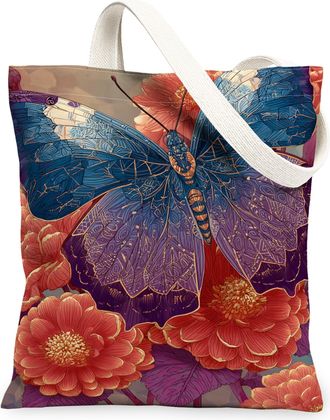 Generic Butterfly Floral Canvas Tote Bags, Colorful Insect Flower Pattern Reusable Grocery Bags, Spring Vintage Lightweight Washabl, Colorful, 13x15 Inch