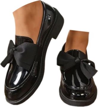 Generic School Shoes for Girls Loafers Shoes for Women Womens Patent Loafers with Bow Trendy Comfort Closed Round Toe Slip on Bow-Knot Dress Flat Low Heels Pu