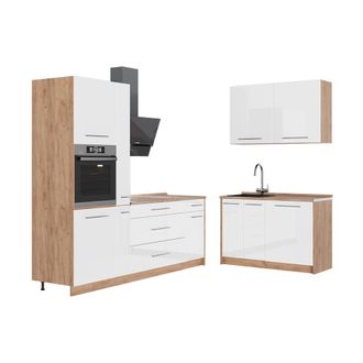 Vicco Cocina Fame-line, Blanco Alto Brillo/roble Dorado, 220 X 120 Cm Sin Encimera, Vicco