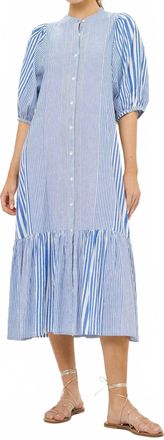 Oliphant Button Puff Sleeve Midi Dress In Henley Blue