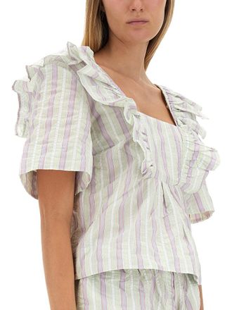 Ganni Ruffle Cotton Blend Blouse - Multicolor
