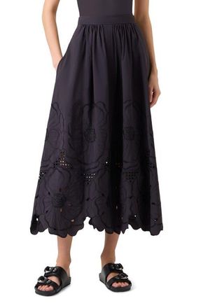 Akris Flower Eyelet Cotton Poplin Midi Skirt in Black at Nordstrom, Size 12